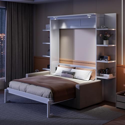 PURLOVE Queen Murphy Bed with Sofa, Wood Slat Support, Gray E27008