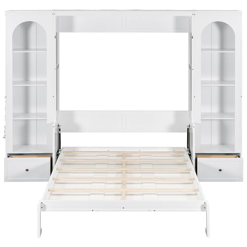 Merax Queen Murphy Bed Wall Bed with Sofa and Cushion, White V57291