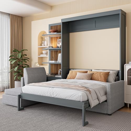 Harper & Bright Designs Queen Murphy Bed with Sofa and Shelves, White P14954