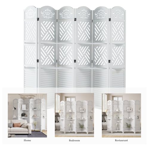 Folding Wood Room Divider with Shelves, 6 Panels, Natural K301