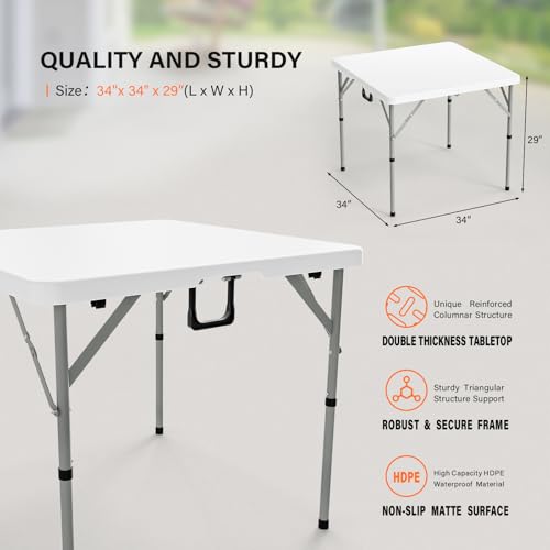 VINGLI 34" Fold in Half Square Table, Portable Plastic Dining Table, Black C965