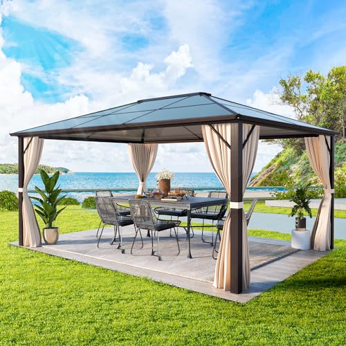 YOLENY 10'x13' Hardtop Gazebo with Aluminum Frame and Curtains F853