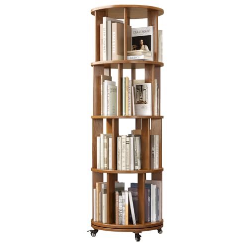 6 Tier Rotating Bookshelf Tower with Swivel Wheels, Solid Wood, Walnut B588