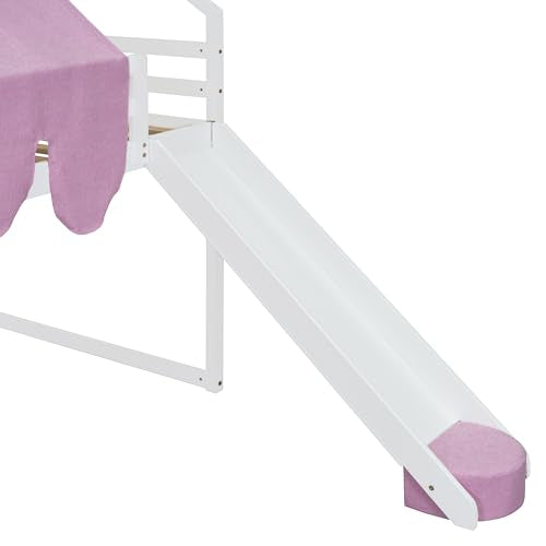 Harper & Bright Designs Kids Twin Low Loft Bed with Slide, Storage Shelves & Stairs, White/Pink C414827