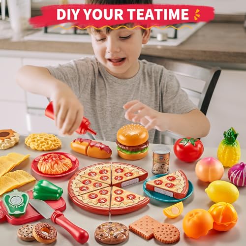 Play Food Sets for Kids Kitchen with Picnic Basket, Pizza and Cutting Toys Z1351