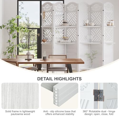 Folding Wood Room Divider with Shelves, 6 Panels, Natural K301