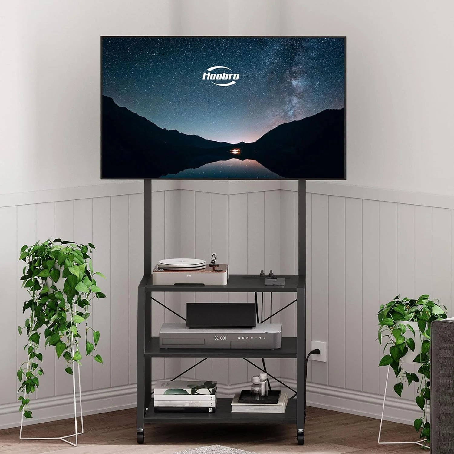 WAGEE Rolling TV Stand with Mount and Power Outlet Up to 55 inch TVs, Corner Entertainment Center, Small TV Stand with 3-Tier Storage Shelves for Living Room, Bedroom, Black BB66UDS01