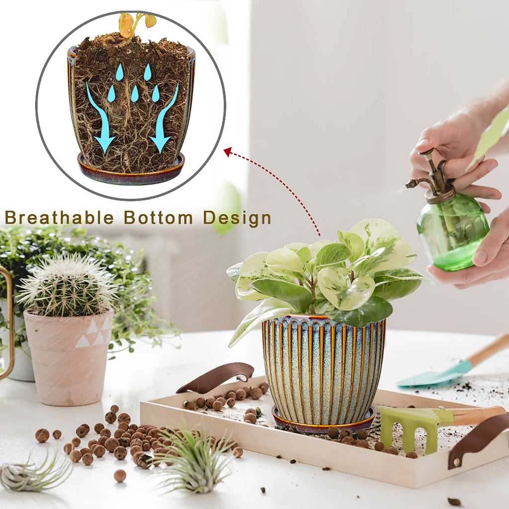 2 Pcs Ceramic Plant Pots with Saucer, 4.9 & 5.7 inch, Brown A251