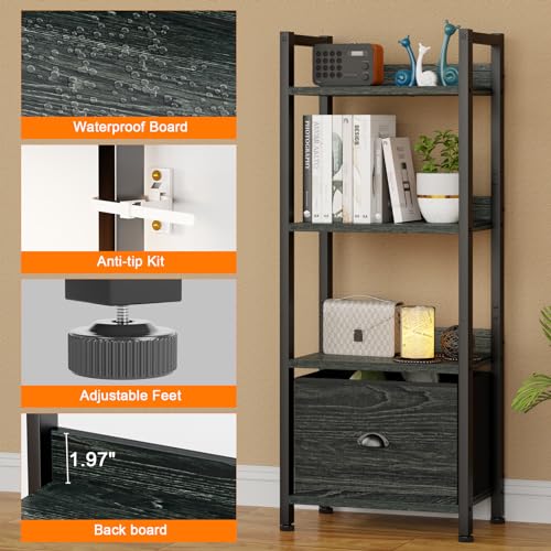 Furologee 5 Tier Bookshelf with Drawer, Industrial Tall Narrow Bookcase, Black T883828