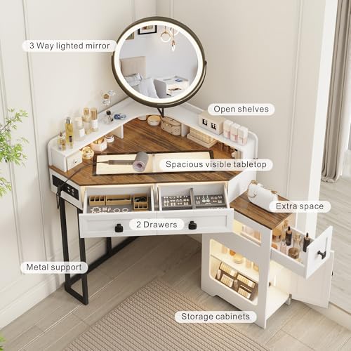White Corner Vanity Desk with Mirror and Lights I97733