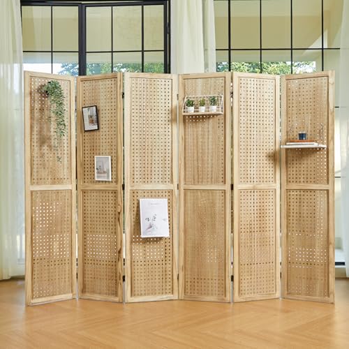 Pegboard Display 5.6Ft Wooden Room Divider Folding Privacy Screen Freestanding Wall Organizer, 4 Panels, Natural C603