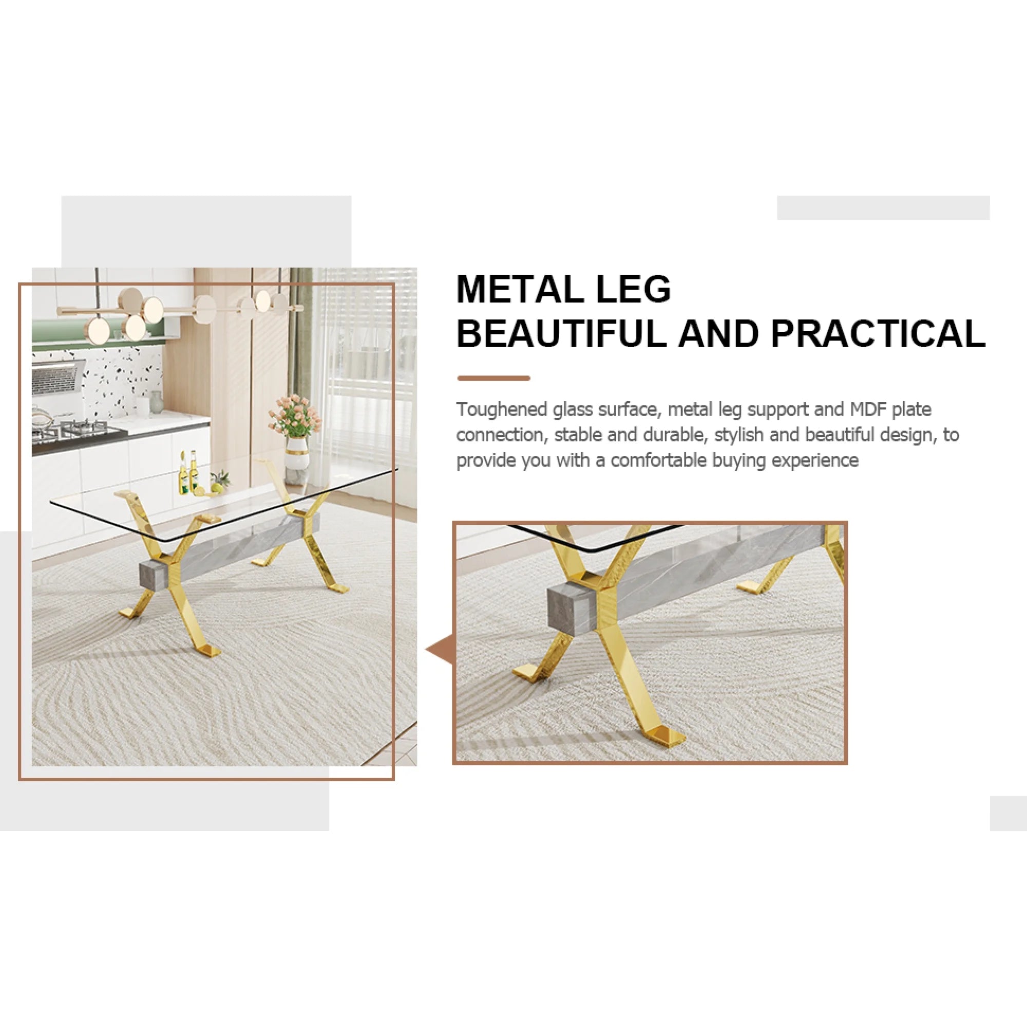 Modern tempered glass rectangular dining table with 6 white PU gold leg chairs V1592