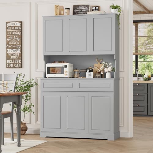 74" Tall Pantry Cabinet with 6 Doors and 2 Drawers, Grey E15130