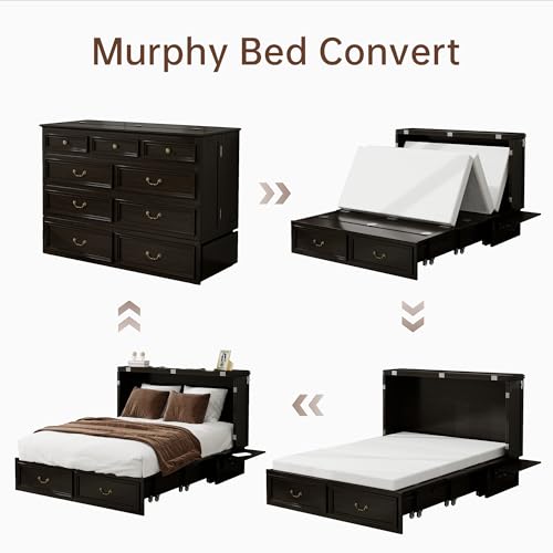 Solid Wood Murphy Bed Cabinet Full with USB Charging Ports and Storage Drawer, Ebony D190415