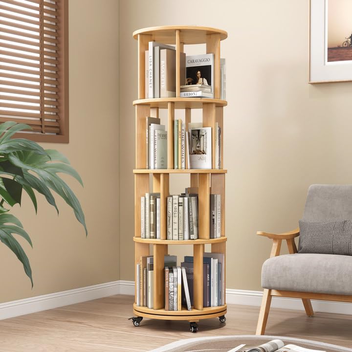 6 Tier Rotating Bookshelf Tower with Swivel Wheels, Solid Wood, Walnut B588