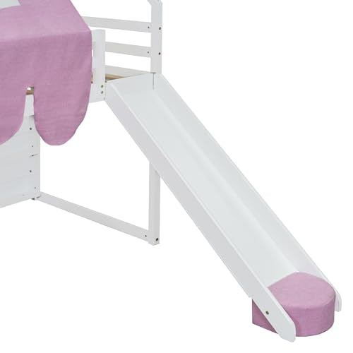 Harper & Bright Designs Kids Twin Low Loft Bed with Slide, Storage Shelves & Stairs, White/Pink C414827