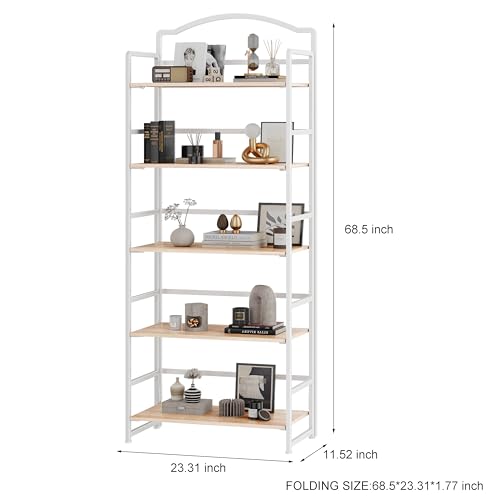 JSB Folding Bookshelf 5 Tier Vintage Wood Bookcase for Living Room Bedroom Office S131658