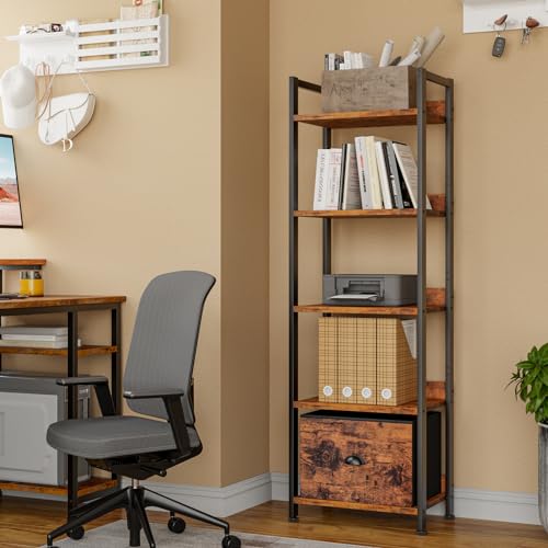 Furologee 5 Tier Bookshelf with Drawer, Industrial Tall Narrow Bookcase, Black T883828