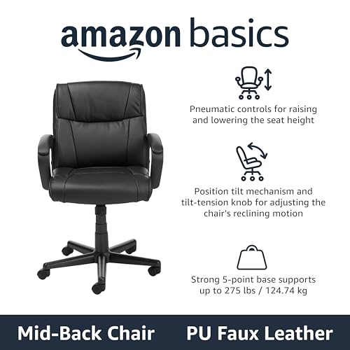 Amazon Basics Office Task Desk Chair with Padded Armrests, White Faux Leather W1292