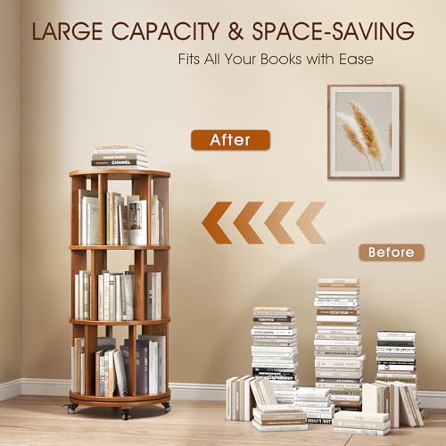 6 Tier Rotating Bookshelf Tower with Swivel Wheels, Solid Wood, Walnut B588