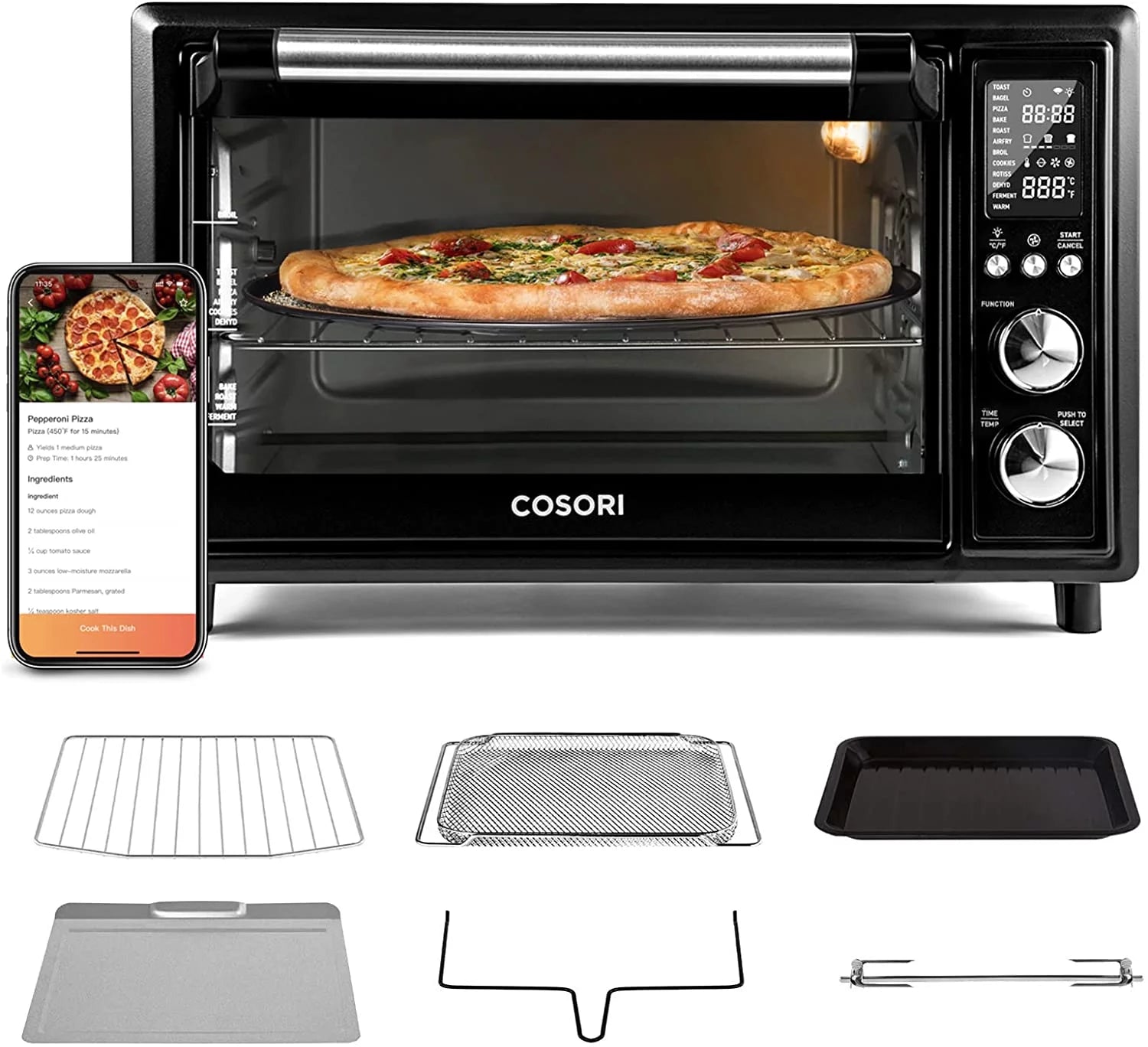 COSORI Smart Air Fryer Toaster Oven, 32-Quart, Stainless Steel, Black K7379
