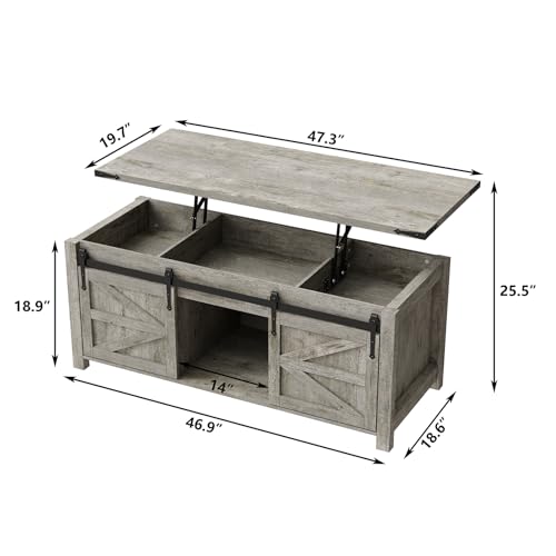 47.3" Lift Top Coffee Table with Storage and Barn Doors, White and Grey I616078
