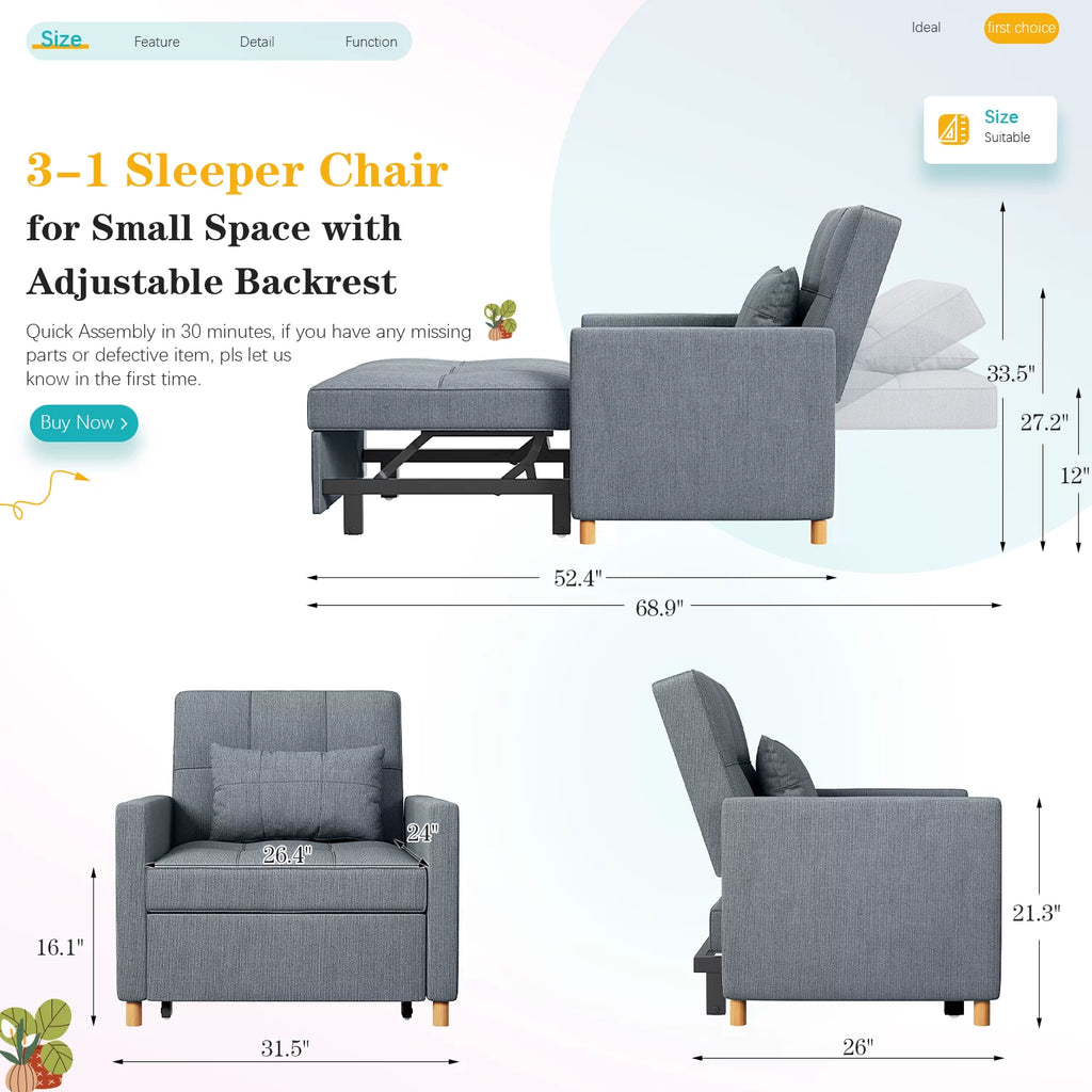 YODOLLA Sleeper Sofa Chair 3 in 1 Pull Out Chair Bed with Pillow, Dark Grey N8421