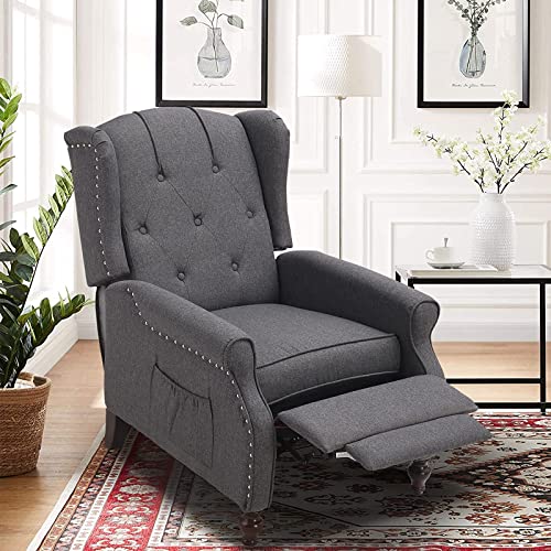 Wingback Recliner Chair with Massage and Heat, Tufted Fabric, Wooden Legs D91574