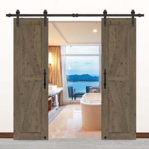 S&Z TOPHAND® 20 in x 84 in Elephant Gray British Brace Knotty Barn Door with 4FT Sliding Hardware Kit G149446