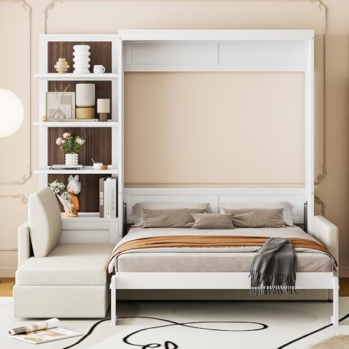 Harper & Bright Designs Queen Murphy Bed with Sofa and Shelves, White P14954