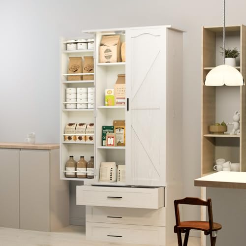 72" LED Kitchen Pantry Cabinet with 3 Drawers and Barn Doors U97073