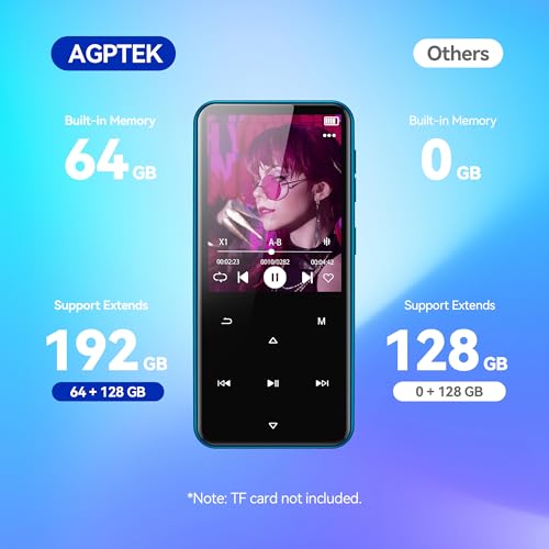 AGPTEK 64GB MP3 Player with Bluetooth, 2.4" Touch Buttons, FM Radio, Purple L983