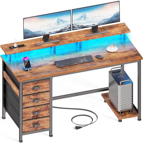 Furologee 47" Computer Gaming Desk with Monitor Stand, 4 Fabric Drawers & Power Outlets - LED Lights, Space-Saving Study Table for Home Office, Bedroom Small Spaces (Rustic Brown)