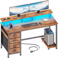 Furologee 47" Computer Gaming Desk with Monitor Stand, 4 Fabric Drawers & Power Outlets - LED Lights, Space-Saving Study Table for Home Office, Bedroom Small Spaces (Rustic Brown)