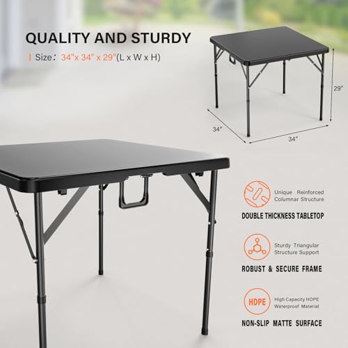 VINGLI 34" Fold in Half Square Table, Portable Plastic Dining Table, Black C965