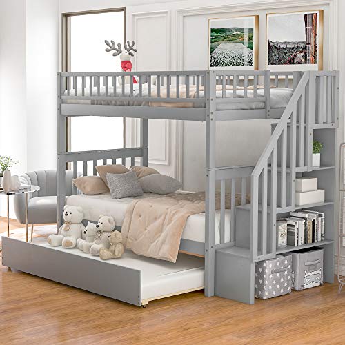 Twin-Over-Twin Bunk Bed with Trundle and Storage Staircase, Solid Wood, White I987686