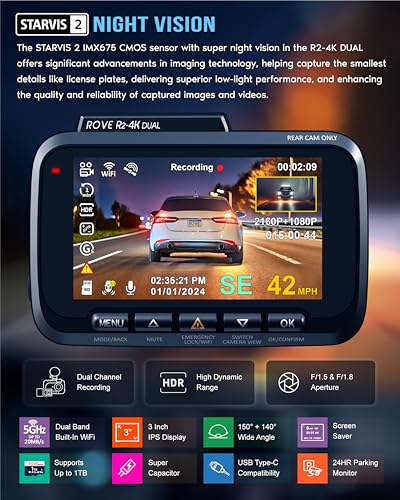 ROVE R2-4K DUAL Dash Cam Front and Rear, STARVIS 2 Sensor, 5G WiFi, 4K 2160P, 3" IPS J131