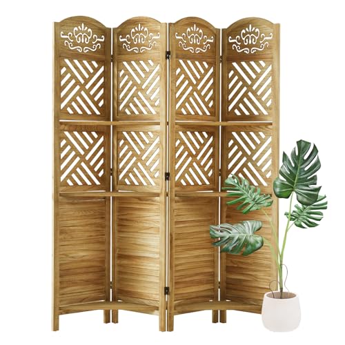 Folding Wood Room Divider with Shelves, 6 Panels, Natural K301