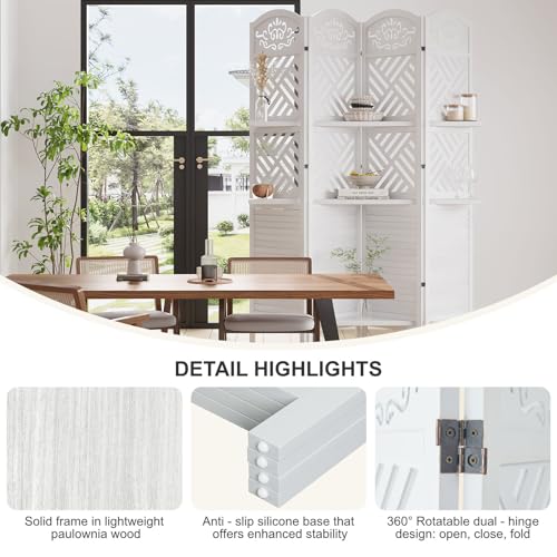 Folding Wood Room Divider with Shelves, 6 Panels, Natural K301