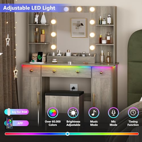 White Vanity Desk with Mirror and Lights, Charging Station and Stool Z6519