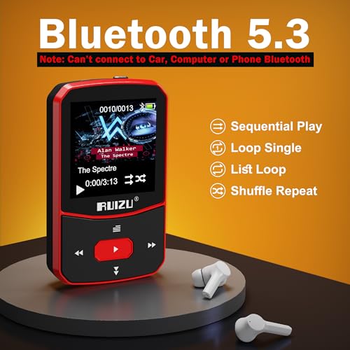 RUIZU 64GB Clip MP3 Player with Bluetooth 5.3, Red D1527
