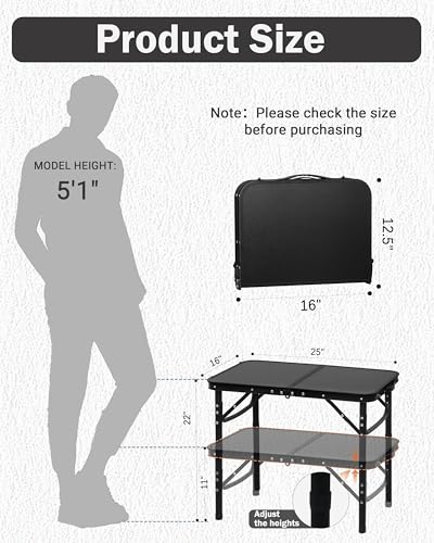 LOFTEY Reinforced Small Folding Table Portable, Heavy-Duty Mini Camping Table, Black 25"x16"x22" P8674