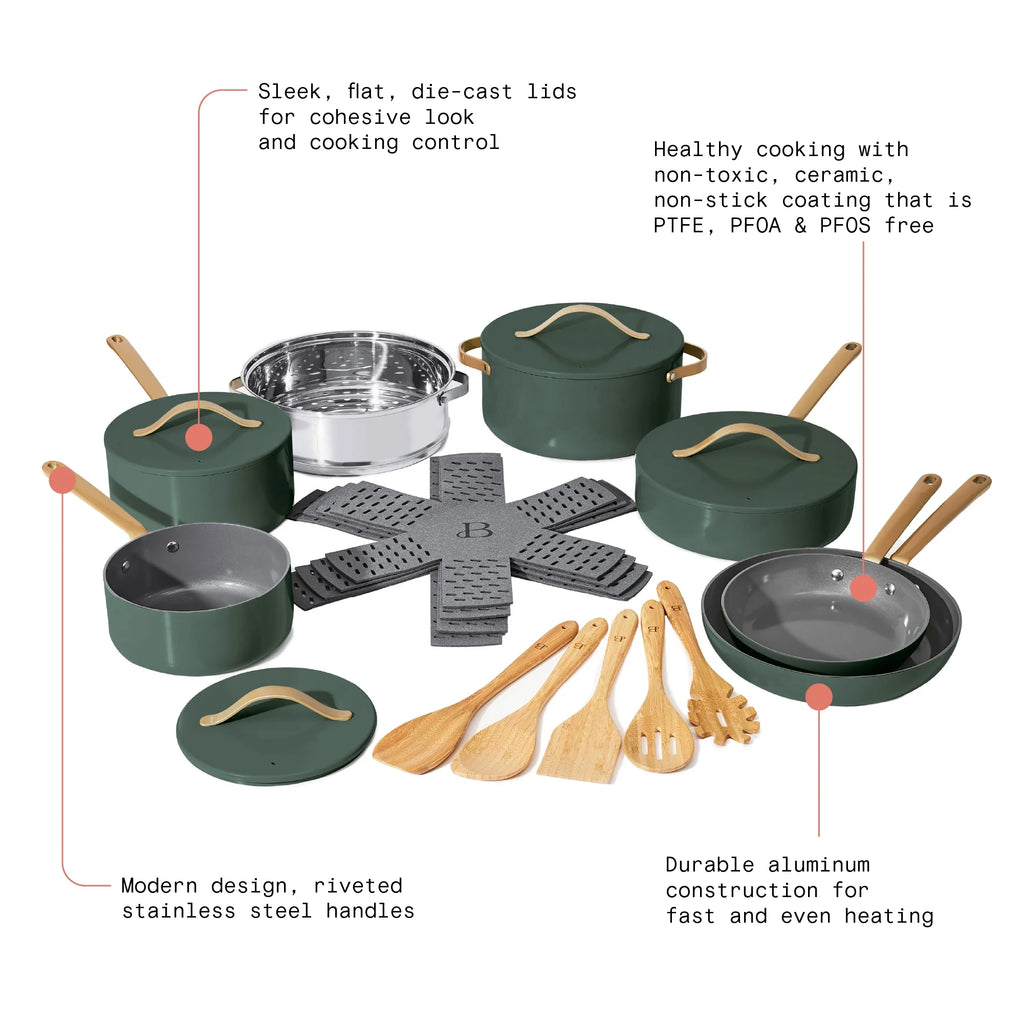 Beautiful 20pc Ceramic Non-Stick Cookware Set, Thyme Green by Drew Barrymore Y656