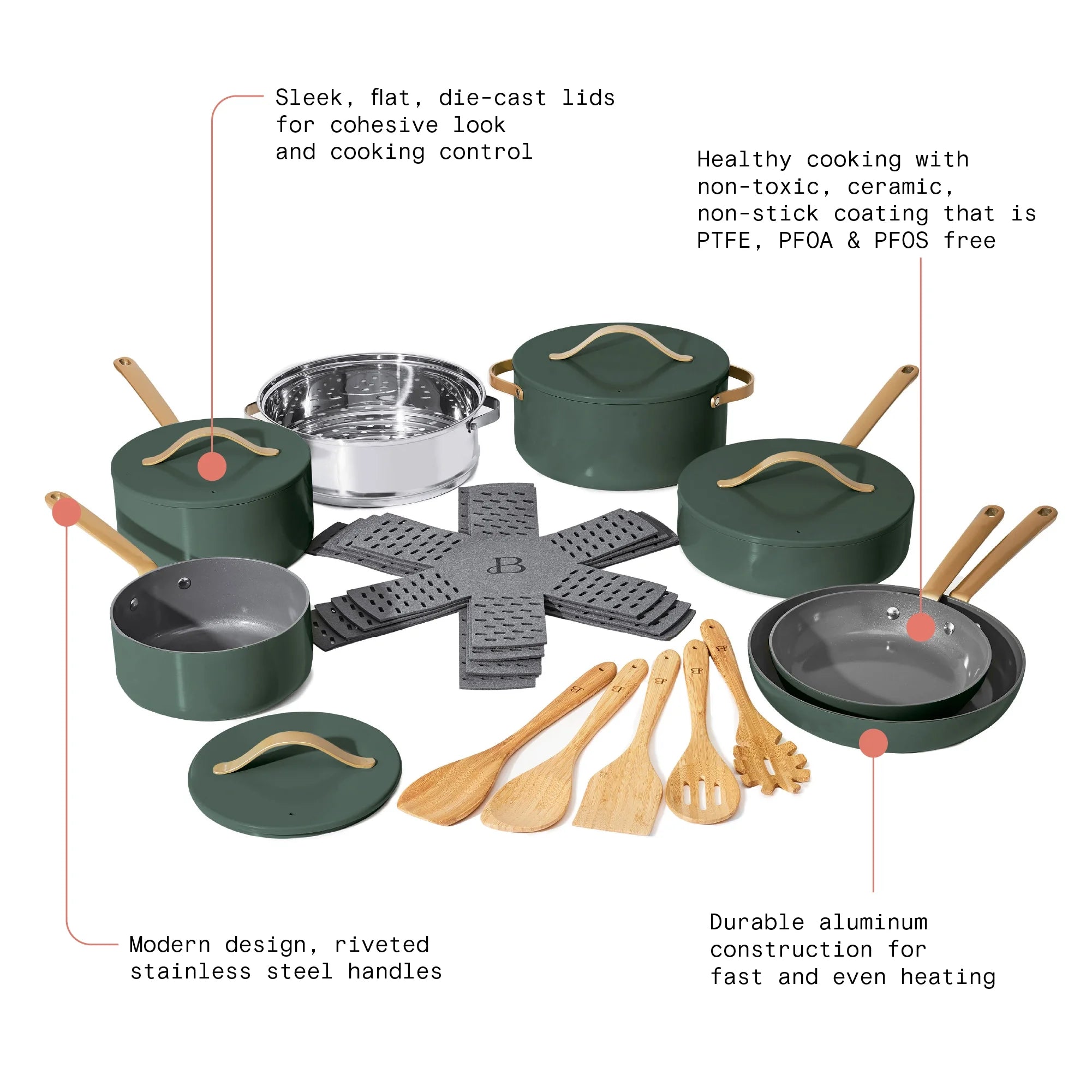 Beautiful 20pc Ceramic Non-Stick Cookware Set, Thyme Green by Drew Barrymore Y656