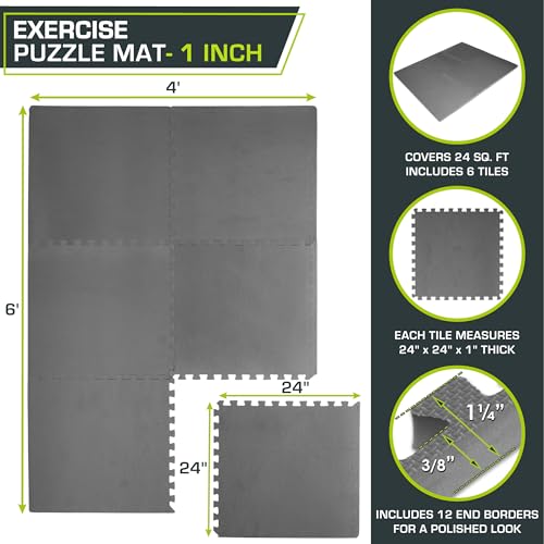 ProsourceFit Extra Thick Puzzle Exercise Mat, EVA Foam Interlocking Tiles, Black, 3/4 inch, 24 Tiles Y76691