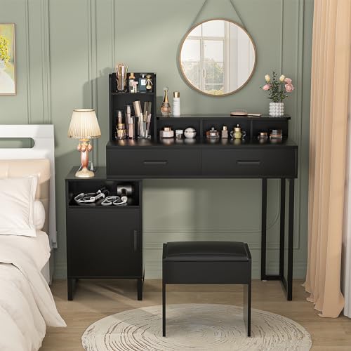 White Vanity Desk with Power Outlet and Storage Y378