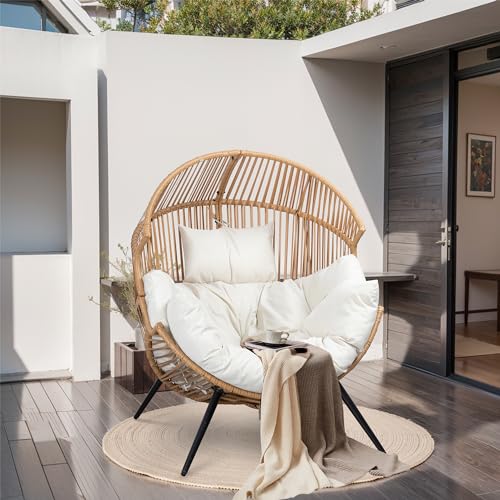 JAMFLY Egg Chair Wicker Outdoor Patio Lounger with Cushion, Beige O9160