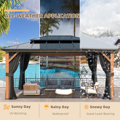 YOLENY 10'x13' Hardtop Gazebo with Aluminum Frame and Curtains F853