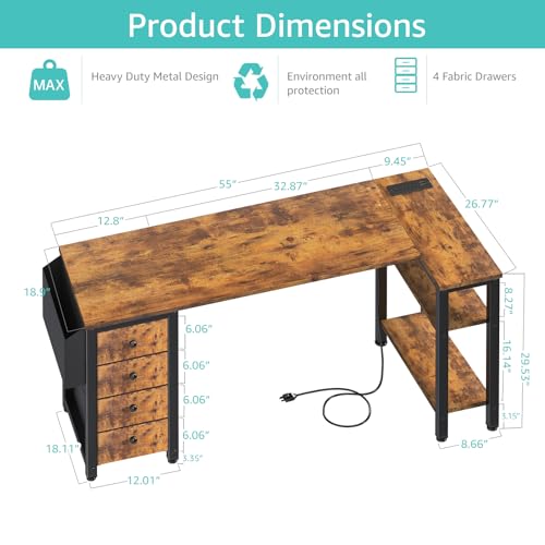 Lufeiya L Shaped Gaming Desk with Drawers & Power Outlet, Black A39519