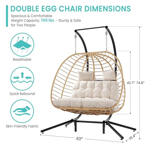 SWITTE Double Egg Swing Chair with Stand, Outdoor Patio Hanging Wicker Hammock with Cushion, Dark Grey X8839